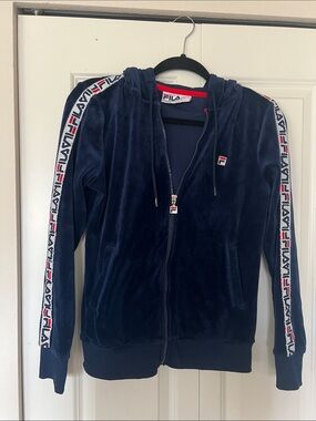 Fila Navy Velour Zip-Up Hoodie with Logo Sleeve Tape